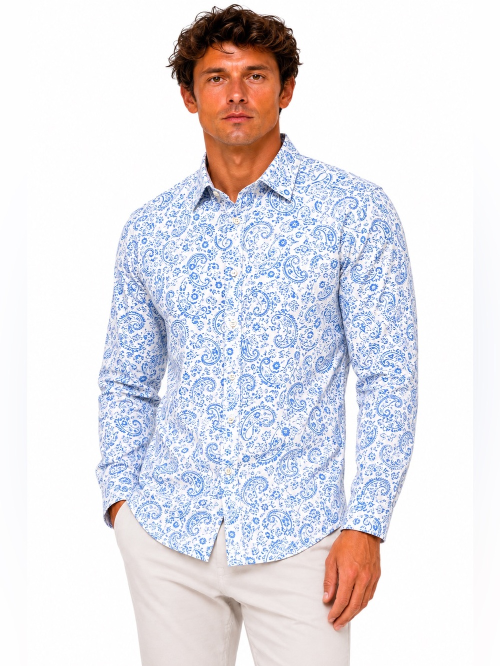 David Donahue Mens XL Light Blue Paisley Print 100% Cotton Button Down Shirt